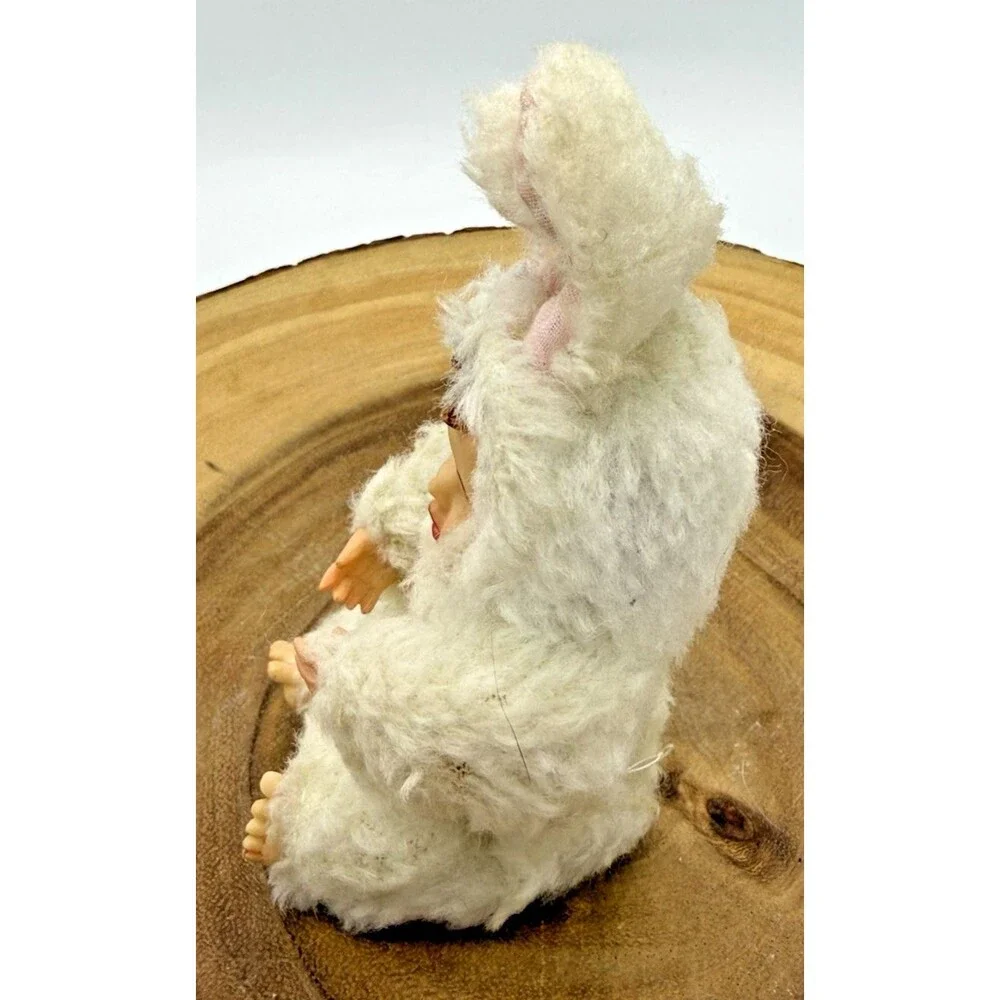 2 Vintage Miniature Porcelain Doll  in Fuzzy Fabric Bunny Costume 4